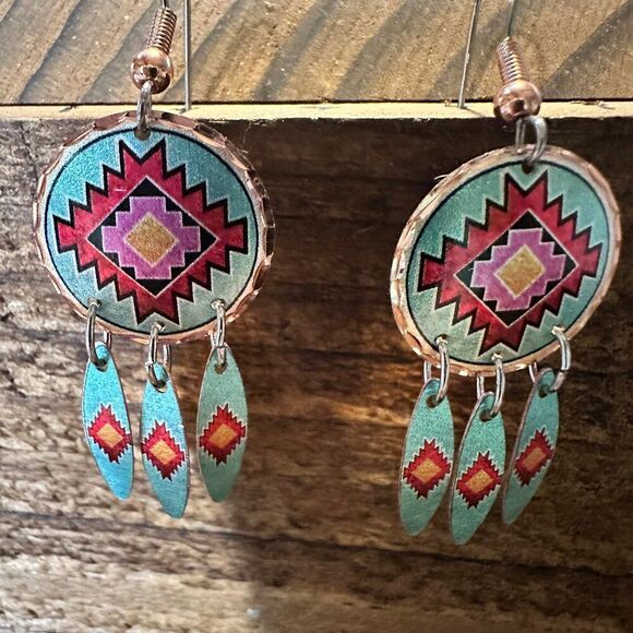 Handmade Boho Copper Earrings, Diamond Cut Native American Drop Earrings, Gift - Picture 1 of 9